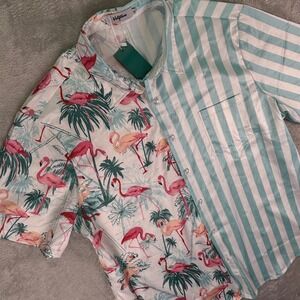 Vatpave Men's Short Sleeve Button Shirt XL Pink Flamingo Palm Tree Split Stripe